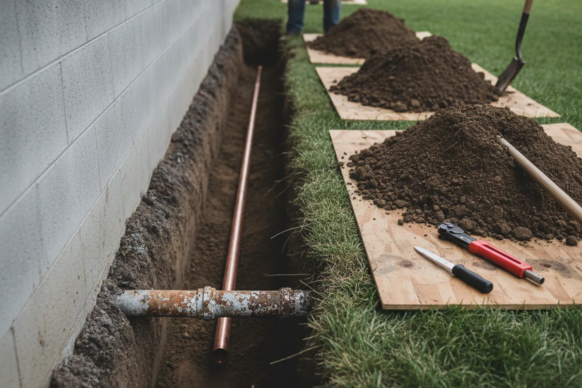Excavated water line trench during Water Softener Installation in Blairs